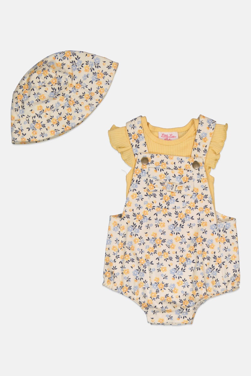 little lass طقم بنات toddlers 3 قطع طباعة زهور، بدلة، قميص وقبعة دلو، متعدد الألوان - Image 3